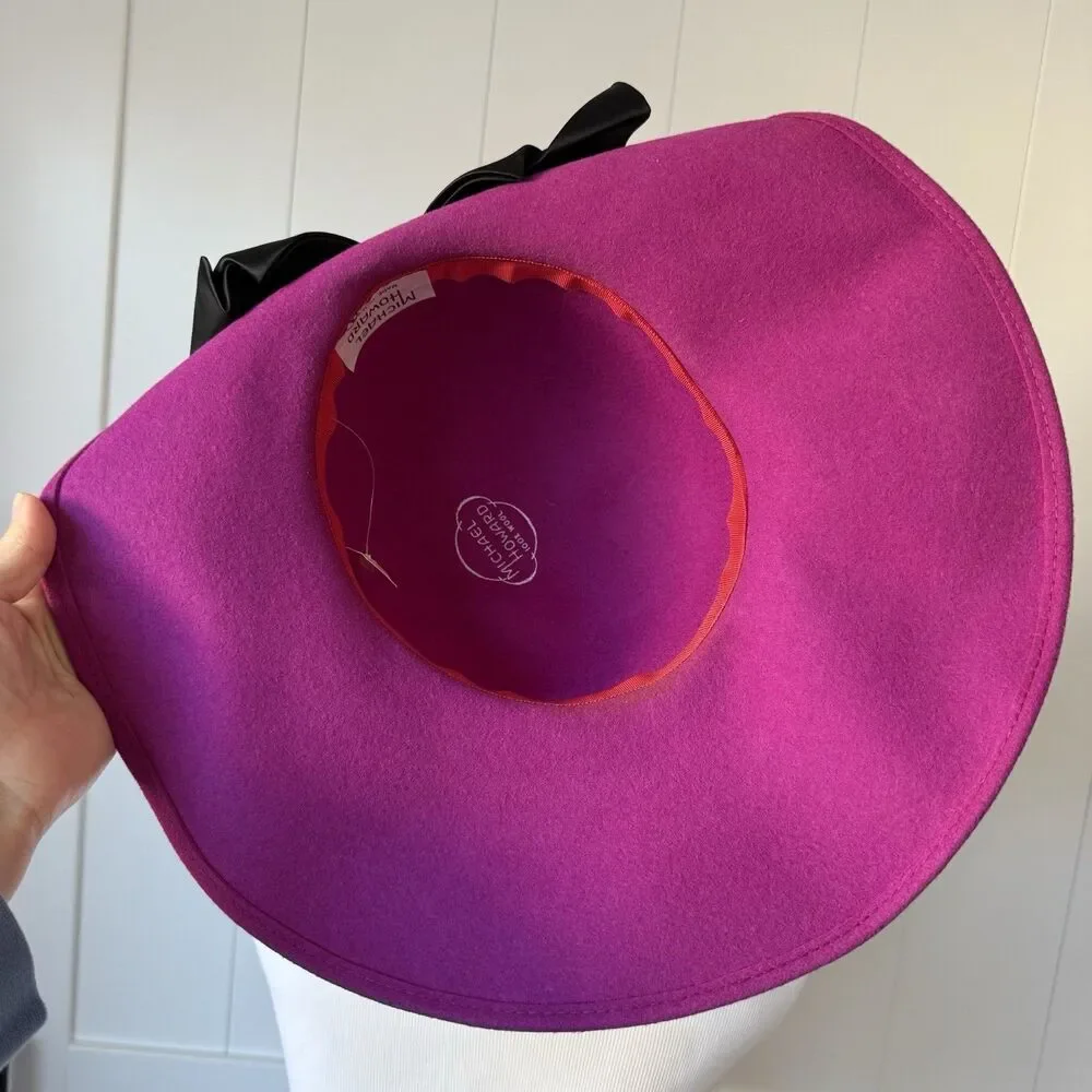 VTG 80s Deadstock Michael Howard Fuchsia Wool Fedora Hat Lace Satin Bow USA NOS
